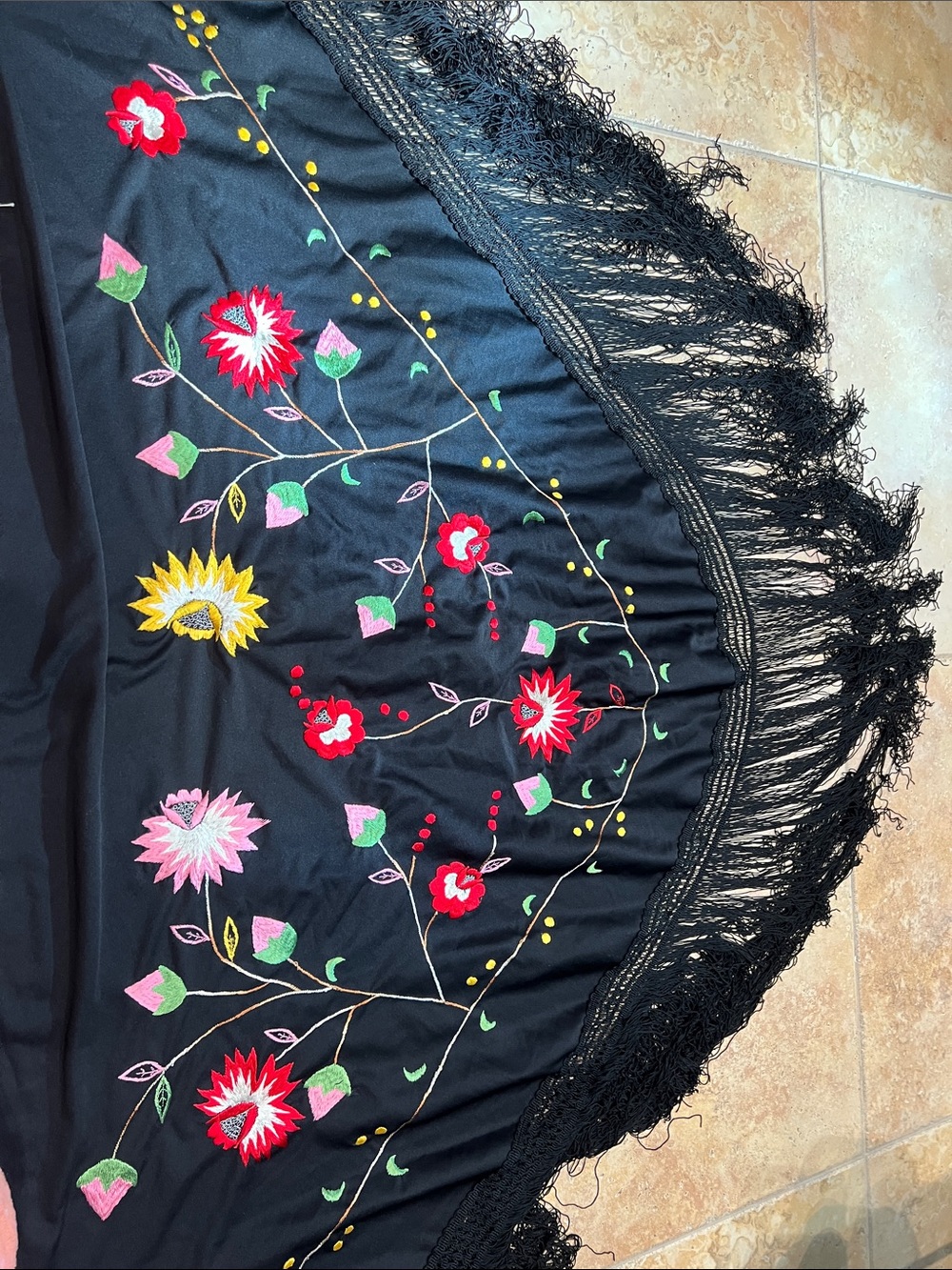 Black Floral Embroidered Fringe Scarf